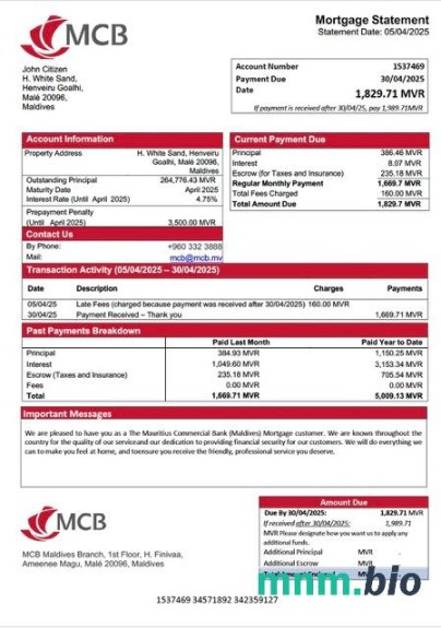 Malediwy The Mauritius Commercial Bank (Malediwy) wyciąg z kredytu hipotecznego szablon Word i PDF